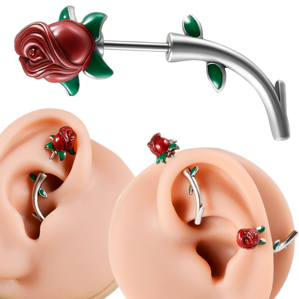 Rook Curved Barbell - 1PC Surgical Steel Red Rose Flower