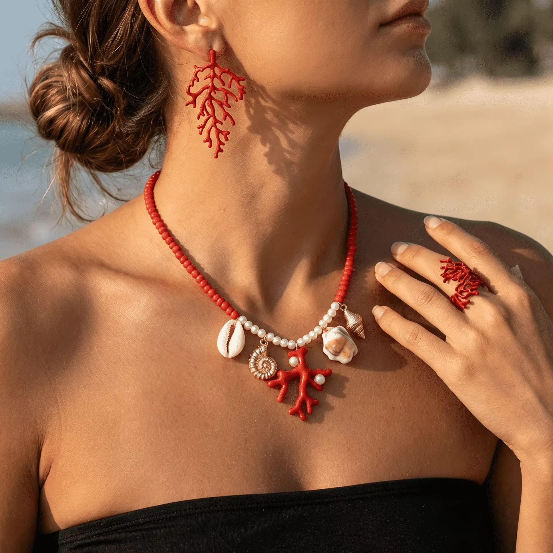 Bohemian Red Coral Branch Ring - Conch Earring Hoop recension och pris